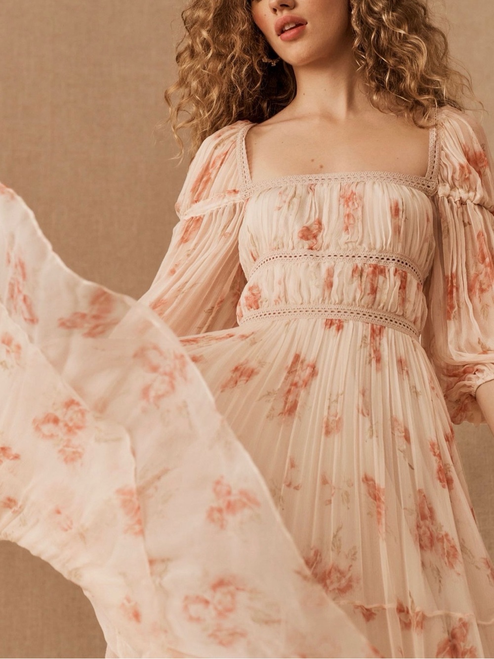 BHLDN Blush Floral Maxi Dress with Puff Sleeves Anthropologie Mable Size 0
